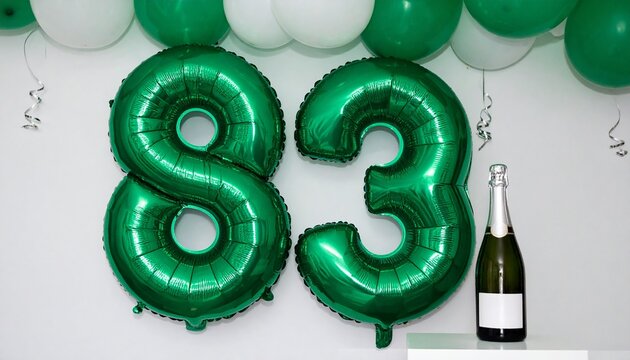 Green Number 83 Balloon with Champagne Bottle for Birthday or Anniversary Celebration