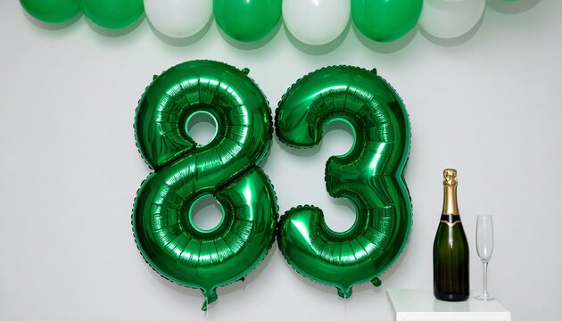 Green Number 83 Balloon with Champagne Bottle for Birthday or Anniversary Celebration