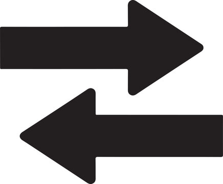 A clean vector graphic featuring a solid black arrow pointing right and another solid black arrow pointing left on a white background.