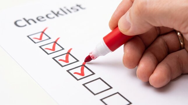 Hand meticulously marking completed tasks on a white checklist with a vibrant red marker, symbolizing successful project progression, diligent organization, and efficient planning