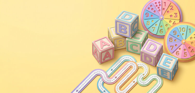 Top view paper art of child's alphabet blocks (ABCDE), two number wheels, and colourful paths with arrows, arranged for early education and learning on a light yellow background.