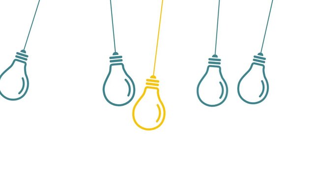 4K Creative Glowing Light Bulb Animation Highlighting Unique Idea, Innovation, Leadership and Business Inspiration Among Hanging Lamps for Presentations and Motion Graphics