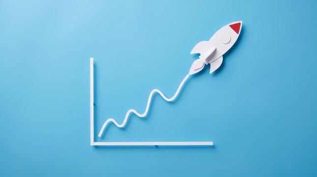 Paper rocket launching on an upward trend graph, symbolizing rapid business growth, startup success, financial achievement, and future development against a clean blue background