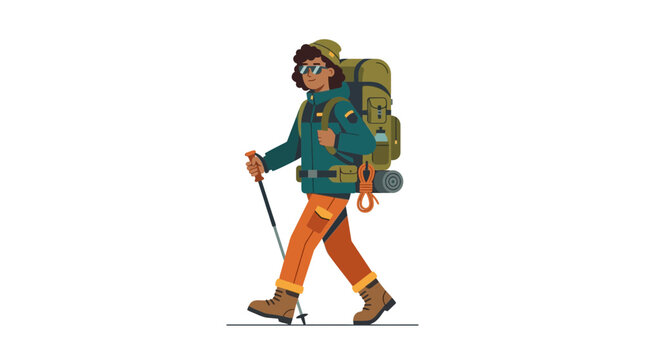 Backpacker hiking with trekking poles, isolated on transparent background