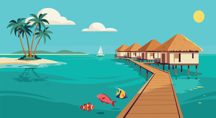 Naklejka premium Tropical resort with overwater bungalows and palm trees on a sunny day