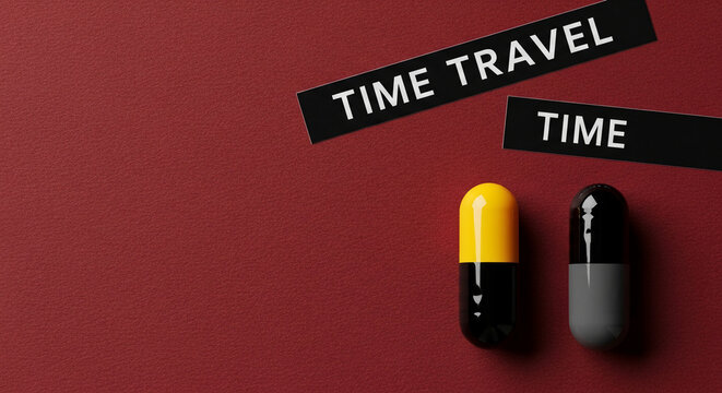 Two pills on a red textured surface with black labels reading "TIME TRAVEL" and "TIME", symbolizing advanced science, future possibilities, and temporal concepts.