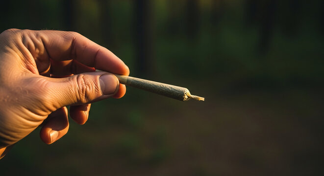 Close-up of a hand holding a rolled cigarette, representing relaxation and leisure, with a soft focus natural background