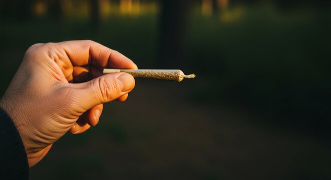 Close-up of a hand holding a rolled cigarette, with a blurred dark background, representing a moment of relaxation or introspection.