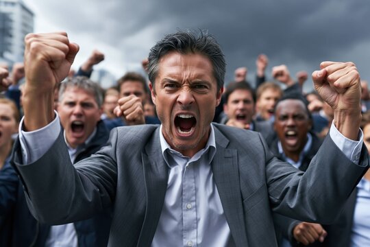 large group of people stands together in an urban area. They are raising their fists and shouting. atmosphere shows intensity and strong emotions. weather looks cloudy