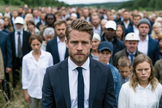 group of people stands in a field looking serious. man in a suit stands at front with focused facial expressions. crowd appears engaged in a formal event