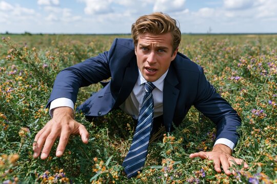 man in a suit is crawling through a field filled with colorful flowers. He appears focused and determined while sun shines and clouds drift by in sky