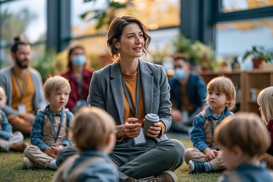 teacher sits on the floor in a classroom filled with plants. Children gather around her, paying attention as she holds a coffee cup. They are engaged in a learning activity together