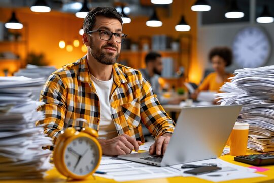 man sits at a desk surrounded by stacks of paper. He is using a laptop and appears focused. Other people are working in the background. It is daytime in an office setting