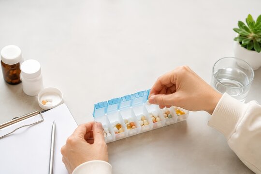 Hands Organizing Daily Medication in Weekly Pill Box