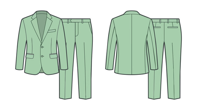Professional Mint Green Men's Two Piece Formal Suit Technical Flat Sketch Featuring Blazer and Trousers
