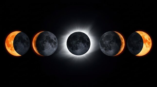 Sequence of total solar eclipse phases on black background.