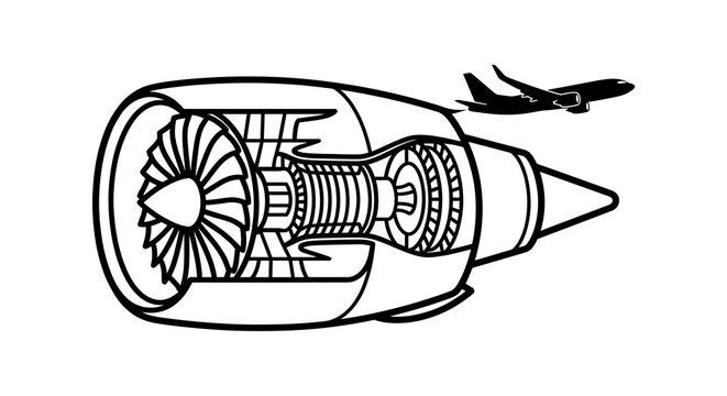 Jet engine and airplane illustration black and white silhouette