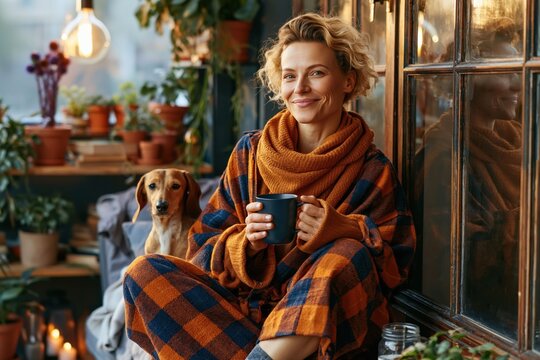woman with curly hair sits next to a window in a checkered robe. She holds a cup and smiles while a dog rests beside her. room is filled with plants and warm light