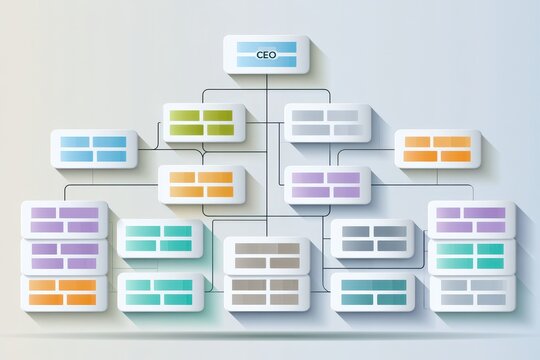 Professional infographic of a corporate organizational chart detailing teams and hierarchy