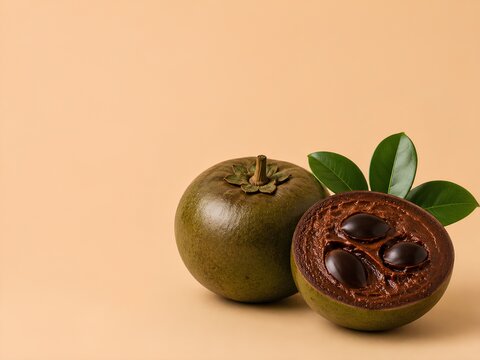 Exotic Fruit Still Life - Black Sapote. Green fruit with brown seeds cut in half, showcasing smooth texture and leaves on a light beige background
