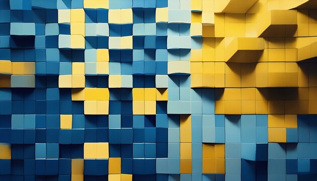 modern art showing a wall of elevated cubes shaded in different blue and yellow tones