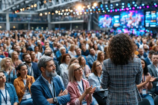 People are gathered in a conference hall listening to a speaker. audience is attentive while facing stage where speaker presents. Bright lights enhance atmosphere