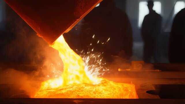 Molten metal pouring in heavy industrial foundry