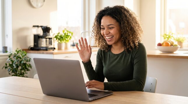 Young woman smiling and waving during video call at kitchen table, remote work meeting with natural light and casual home office setup
