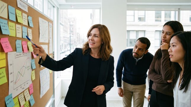 Woman leading team meeting and pointing at board with charts and sticky notes, colleagues listening attentively in bright office