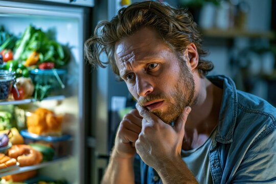 man stands in his kitchen at night with an open refrigerator. He appears to be deep in thought while looking at the food options inside. kitchen is filled with various ingredients