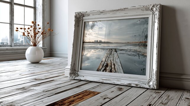 wooden frame holds picture of calm water body reflecting sky during dusk. frame is placed on wooden floor near vase with dried flowers and window