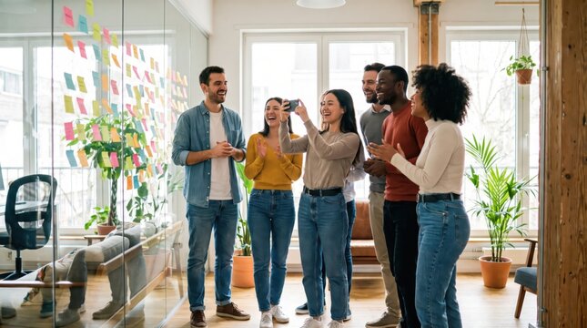 Young diverse team celebrating project milestone in bright office with sticky notes on glass, smiling and taking photo while standing near plants and casual furniture