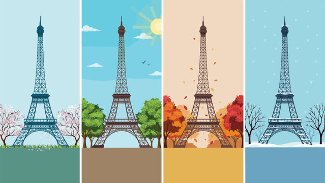 Eiffel tower in paris through the four seasons of the year
