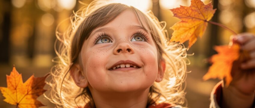 Joyful child with bright eyes looking up while holding colorful autumn leaves in a park during golden hour with warm sunlight streaming through trees
