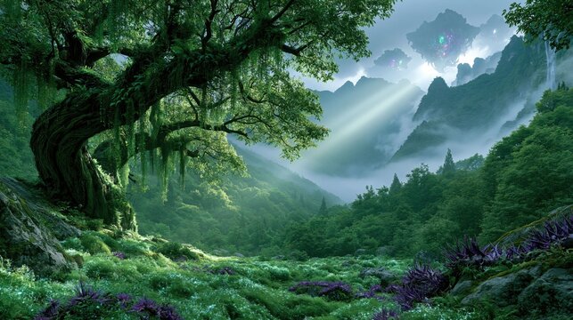 In a green valley, large trees stand among dense plants and flowers. Mountains rise in background, and light streams through landscape. Nature is alive and vibrant