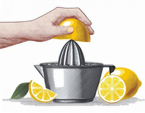 hand squeezing fresh lemon juice into stainless steel vintage retro halftone juicer with circle dots pattern isolated on white background