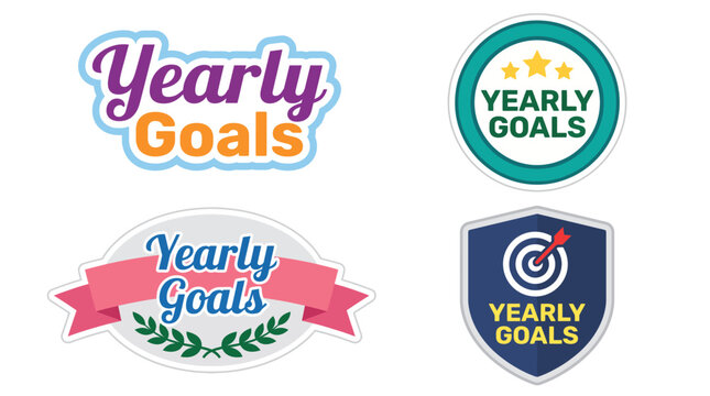 This image presents various badges focused on yearly goals, symbolizing achievement, personal development, and motivation to reach aspirations throughout the year.