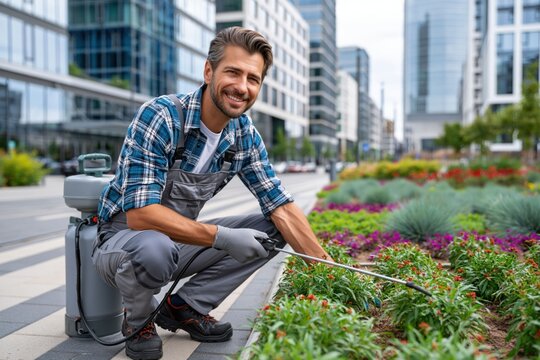 man is on his knees working in a flower bed in a city park. He is using a tool to care for plants. Nearby, there are modern buildings and other greenery in background