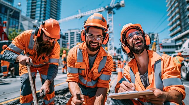 Three men in bright orange work uniforms and safety gear are engaged in construction tasks. They are smiling while working at a busy construction site surrounded by buildings and cranes