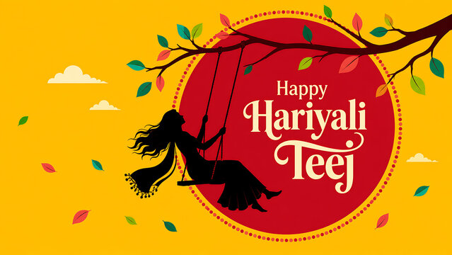 Happy hariyali teej and kajari teej silhouette woman swinging beneath leafy branch with vibrant red sun and golden festive background illustration design