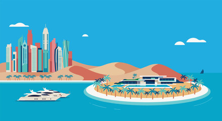 Obraz premium Modern luxury villa on a private island with a city skyline in the background