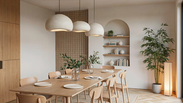 Elegant modern dining room with wooden table and pendant lighting interior lighting furniture minimalist lifestyle contemporary scandinavian architecture spacious aesthetic decoration