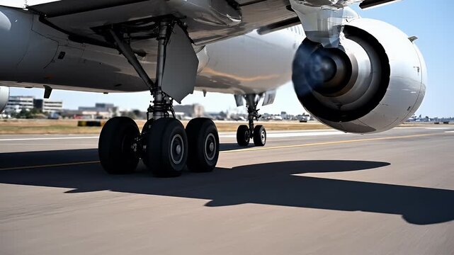 Close-up of airplane landing gear and engine on a sunny runway