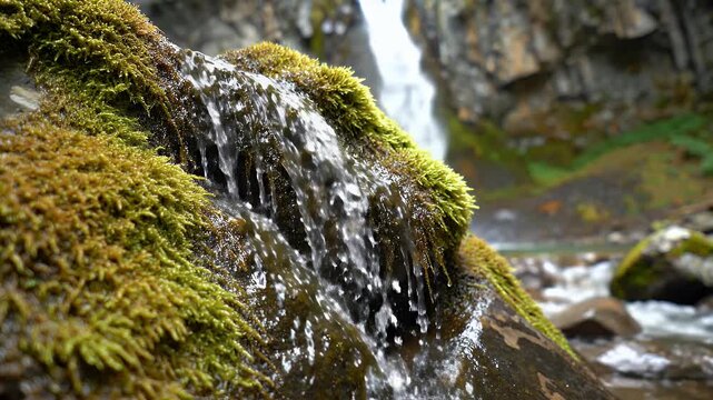 Close-up of mossy rock with water flowing over it, waterfall in background