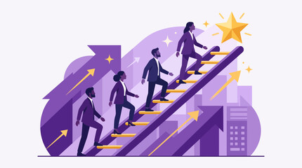 Fototapeta premium Diverse Business Team Climbing Corporate Ladder Toward Success Star Vector Illustration. Concept of Career Growth, Ambition, Professional Achievement, and Leadership in Modern Purple Design.