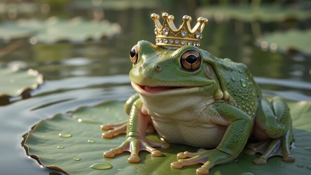 Majestic Frog King Wearing Golden Crown Sits on Lily Pad in Serene Pond with Lotus Flowers and Lush Greenery