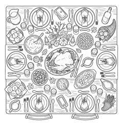 Obraz premium Top-down view of a detailed Thanksgiving dinner table setting