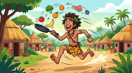 Tribal Hunter Running with Frying Pan and Fresh Food in African Village