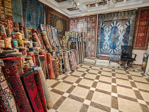 Interior of a silk carpet shop of Bukhara on Uzbekistan