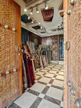 Interior of a silk carpet shop of Bukhara on Uzbekistan